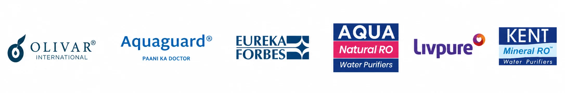 Olivar International, Aquaguard, Eureka Forbes, Aqua Natural RO, Livpure and Kent Water Purifier logos